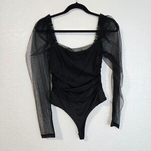 Lulus Black Sheer Tulle Ruched Bodysuit Square Neck Long Puff Sleeve XS